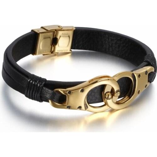 Jewels Store 21.5cm Punk Stainless Steel Gold Handcuff Charm Bracelets For Men Retro Leather Wrap Wristband Jewelry Accessories