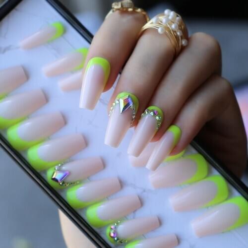 Coffin neon green at the bottom French style false nails Glitter crystal summer full set nail box Matching UV Gel Nude fake nail