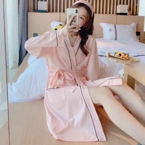 Fdfklak Pink/White/Blue Bathrobe Female Cotton Sleepwear Casual Loose Autumn Winter Robes Women Home Clothing Bata Mujer