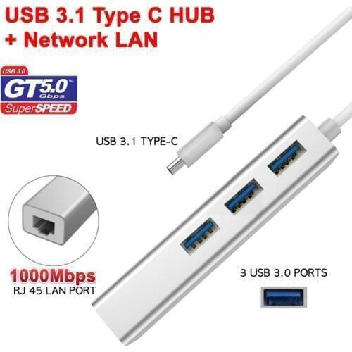 50Set Type-C USB 3.1 Type C to USB 3.0 HUB 3 Port with RJ45 1000Mbps Gigabit Ethernet Adapter For Macbook Smartphone