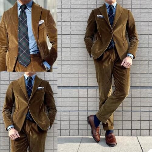 Brown Corduroy Men Suits Best Man Blazer Groom Dinner Prom Tuxedo Party Groom Suits For Man Wedding Office Jacket + Pants