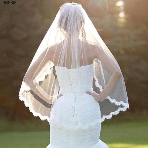 Women Wedding Accessories White Ivory Lace Veil 1 Layers Tulle Ribbon Edge Bridal Veils With Comb
