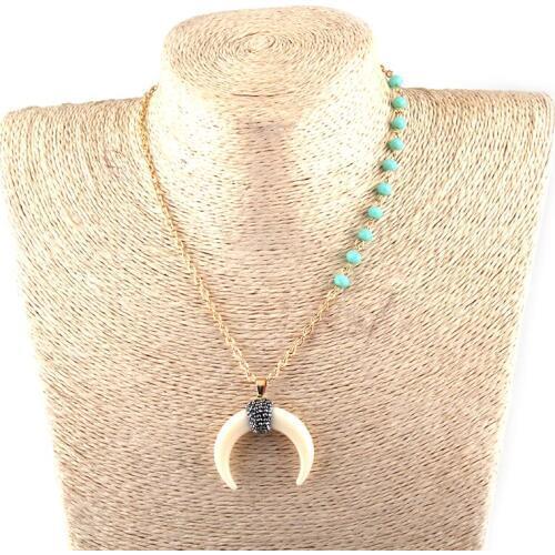 Fashion Bohemian Aqua crystal gold Chain Cute Beige Moon Charm Women Ethnic Choker Simple Lady Necklace
