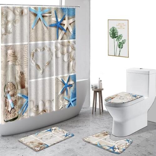 Starfish Shell Shower Curtain Beach Nautical Theme Bathroom 4-Piece Set Non-Slip Carpet Waterproof Bath Curtains Set With Hooks