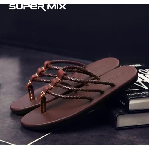 Mens sandals 2021 new sandals leather casual summer cross open toe woven flat fashion flip-flops beach shoes men