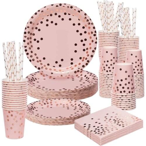 Pink Plates Party Supplies Tableware Rose Gold Dinnerware Cutlery Decoration for Birthday Baby Shower Wedding Anniversary