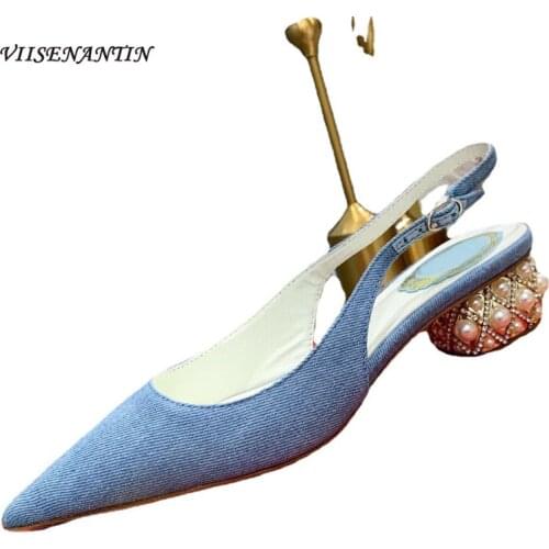 Baotou Sandals Female Fairy Style Summer New Style with Pointed Shallow Mouth Thick Heel Pearl Rhinestone Heel Fashion Shoes