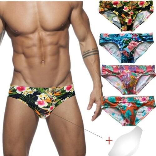 Sexy Printed Briefs Men Padded Cup Push Up Underwear Swimwear Bikini Tanga Plus Size Quick Dry Beach Panties Bugle Pouch Thongs