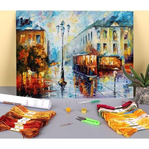 Old Street Printed Water-Soluble Canvas 11CT Cross-Stitch DIY Embroidery Patterns DMC Threads Craft Handicraft Package