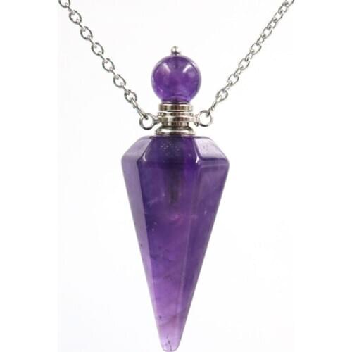 FYJS Unique Silver Plated Hexagon Pyramid Amethysts Stone Perfume Bottle Pendant Link Chain Necklace Black Agates Jewelry
