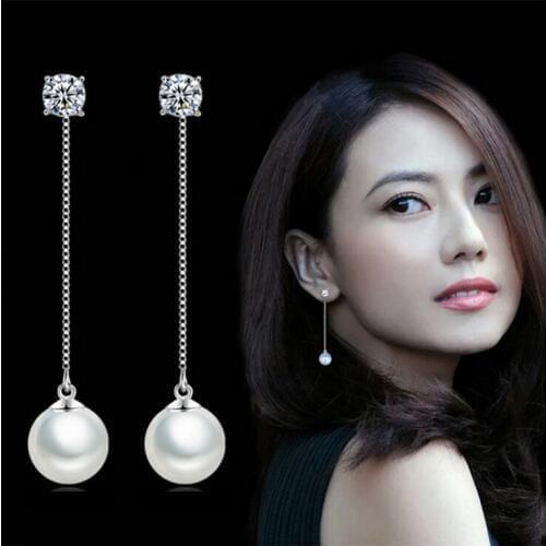 Hot Sale Promotion 2016 New Fashion Pearl Crystal 925 Sterling Silver Long Drop Earrings for Women Girls Birthday Gift