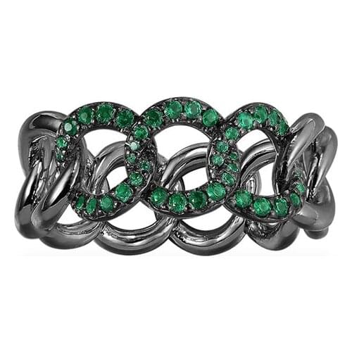 SLJELY Fashion Rock 925 Sterling Silver Black Gray & Green Chain Link Ring Pave Cubic Zirconia Women Herisson Collection Jewelry