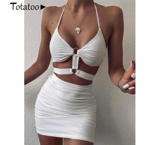 Totatoop Sexy Backless Halter Bodycon Dress Women 2020 Summer Metal Ring Hollow Out Ruched Bandage Dress Clubwear White Dresses