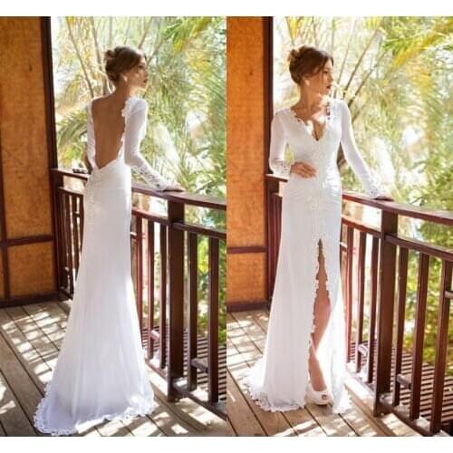 2020 Sheath Long Sleeves Beach Wedding Dresses Sexy Backless Lace Applique Front Split Sheath Bridal Gowns Vestidos De Novia