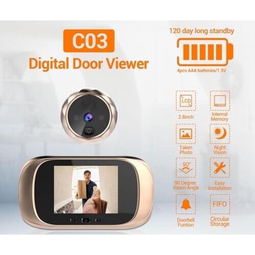 2.8 inch HD LCD Display 90 Degree Wide Angle 720P Visual Video Doorbell Long Time Standby Peephole Viewer Door Camera