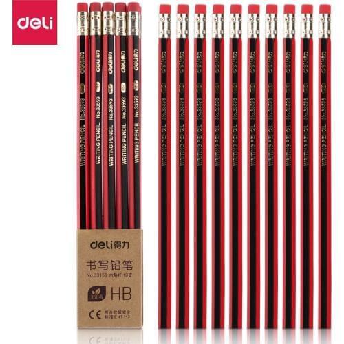10 pcs / box Deli 33158, advanced hexagonal log graphite HB rubber pencil, writing pen, non-toxic student office stationery