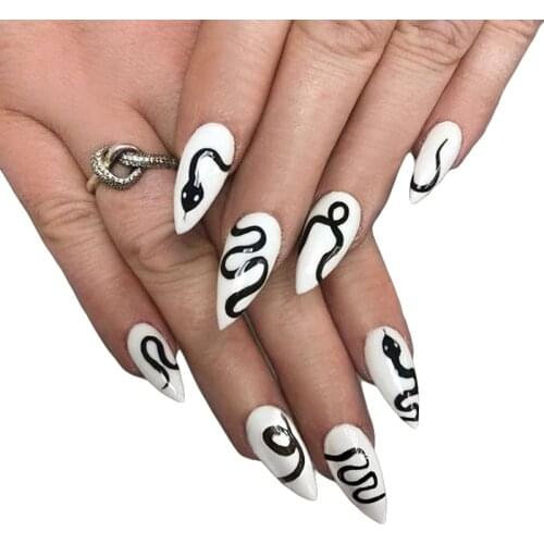 24Pcs Snake Pattern False Nail French Press On Nail With Glue Flame Fake Nails Long Pointed Full Cover Nails Tips Manicure Tool