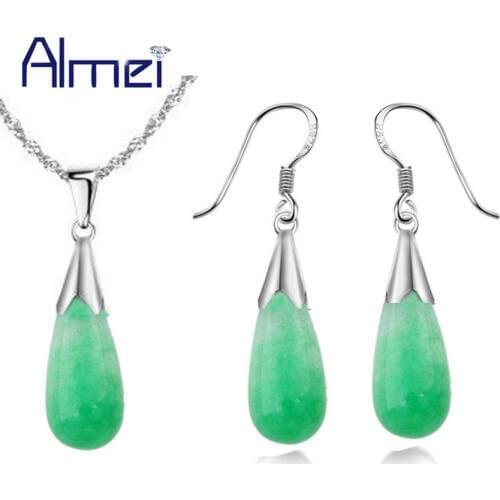 Almei Jewelry Sets Silver Color Zircon New Fashion White /Green /Red Stones Water Drop Earrings For Women Wedding Party T046