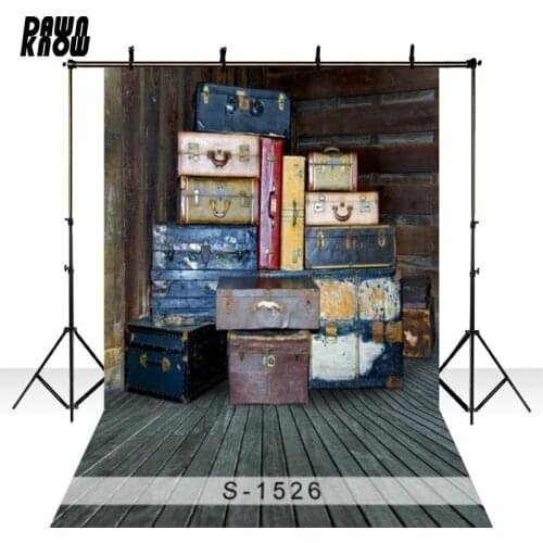 DAWNKNOW Wood Floor Vinyl cloth Photography Background Retro Polyester Backdrops Travel Suitcase For Children Photo Studio S1526