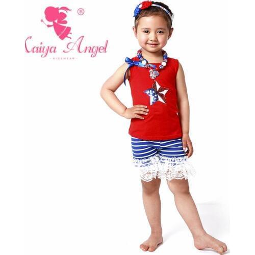 Kaiya Angel Hot Mermaid Outfit July 4th Childrens Cotton Lace Clothing Short Toddler Girl Clothes Summer Floral Sport Set