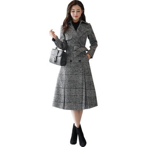 Tartan wool coats female long section Korean 2020 new autumn and winter models Slim waist check woolen Windbreaker coat