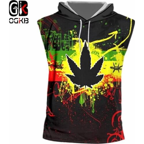 OGKB Punk Colorful Leaves Printed 3D Hooded Tank Top Unisex Hiphop Weeds Bodybuilding Fitness Casual Sleeveless Shirts Hoody
