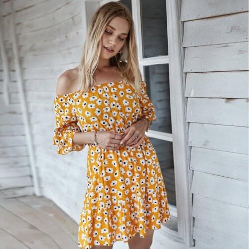 Sexy Cute One-shoulder Small Daisy Printing A-line Dresses Fashion Ruffled Sleeve High Waist Slimming Beach Mini Dress 2 Colors