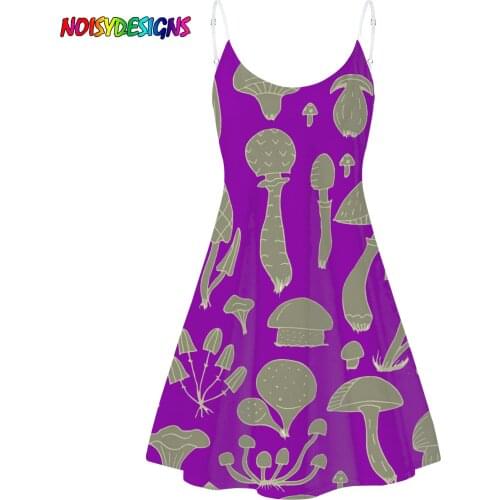 NOISYDESIGNS Womens Summer Mushroom Print Purple Sling Dress Beach Short Dress Ladies Summer Casual Sundress Vestito Da Donna