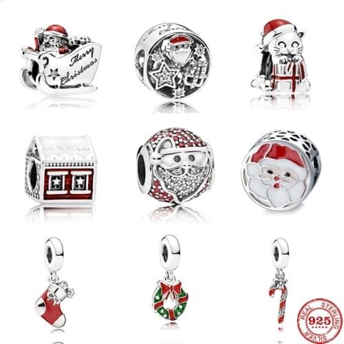 New christmas gift red house santa cat sock diy Bead fit original Pandora charms silver 925 Bracelet for girl fashion jewelry