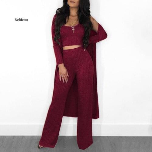 Autumn Winter Ribbed 3 Pieces Set Women Crop Top High Waist Wide Leg Pants Set Long Sleeve Trench Coat