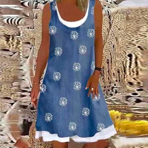 Fake Two Piece Beeach Dress Women Summer Sleeveless Sundress U-neck A-line Short Casual Tie-dye Printed Loose Dress Vestidos