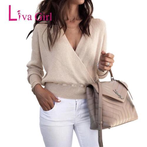 Liva Girl Spring Sexy Deep V Neck Crossover Tops Casual Women Fashion T Shirts Long Batwing Sleeve Black Winter Mujer Office Top
