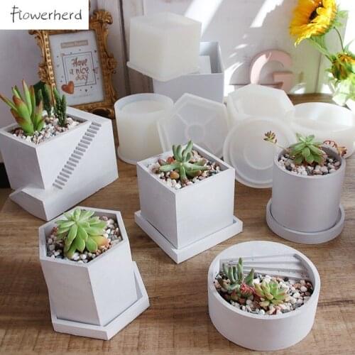 Hexagon Flowerpot Concrete Silicone Mold For Succulent Plants Round Pen Container Plaster Gypsum Mould Cement Clay Molds