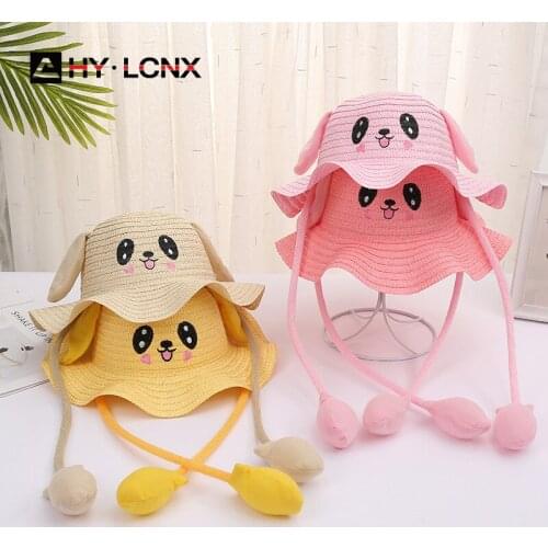 Summer New Cute Child Airbag Rabbit Ears Moving Fashion Straw Hat Boy Girl Outdoor Leisure Travel Cartoon Embroidered Sun Hat