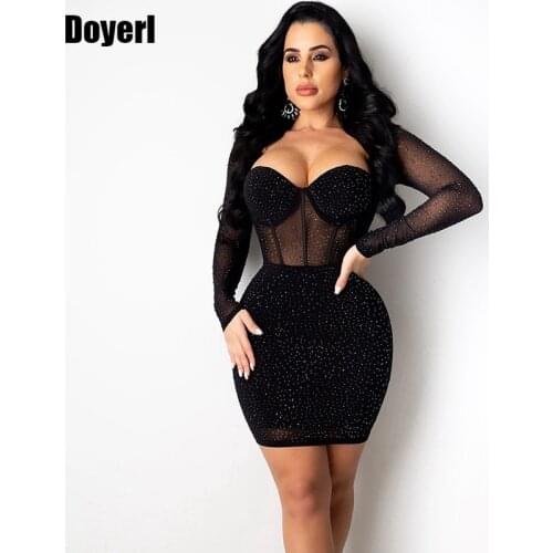 Rhinestone Night Club Party Dress Women Long Sleeve Sparkly Elegant Birthday Dress for Women Sheer Mesh Mini Sexy Bodycon Dress