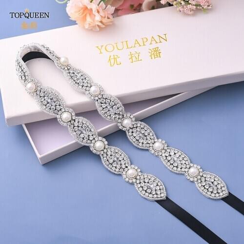 TOPQUEEN S435 Jeweled Sash Wedding Belt Clear Crystal Belt for Formal Dress Pearl Bridal Belt Rhinestone Belts Belt Silver Dress