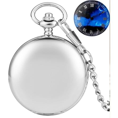Unique Starry Blue Dial Retro Black/Silver Smooth Face Quartz Pocket Watch Necklace Pendant Analog Souvenir Gifts for Men Women