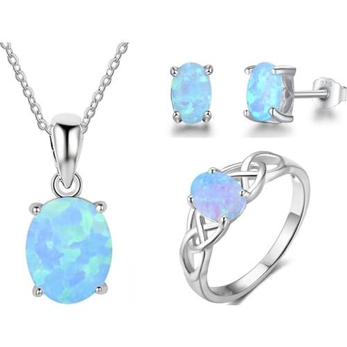 Jewelry Sets for Women 925 Sterling Silver Rings Chain Necklaces Earrings Blue Oval Opal Jewelry Lovers Gift (Lam Hub Fong)
