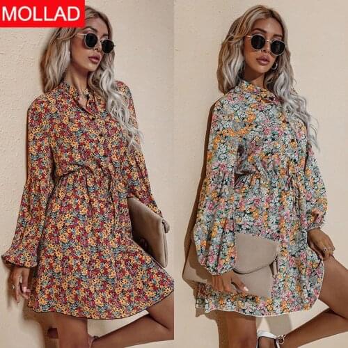 Womens Clothing Autumn and Winter New Fashionable V-neck High Waist Tie-Shoulder Floral Chiffon Dress