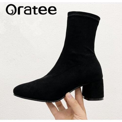New Stretch socks boots Women Shoes Slip ankle boots spring winter elegant Square high heels shoes female Plus size 33-43