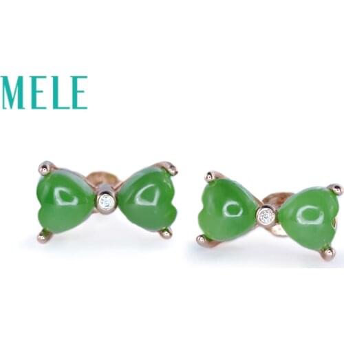 Natural green jasper earrings stud for women and girl in 925 sterling silver,bowknot shape fashion and trendy jade jewelry