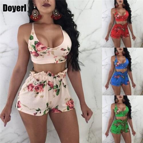 Floral Print Two Piece Set Women 2020 Summer Sexy Bow Back Strap Crop Top and Ruched Shorts Set Party Club Women 2 Piece Outfits