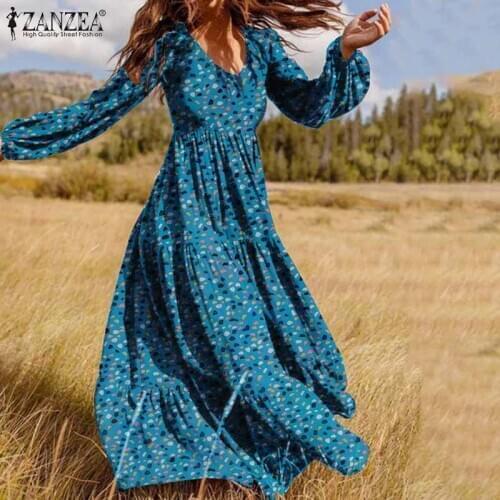 ZANZEA Bohemian Floral Print Dress Women 2021 Spring Ruffle Maxi Vestidos Ladies Puff Sleeve Sundress Party Robe