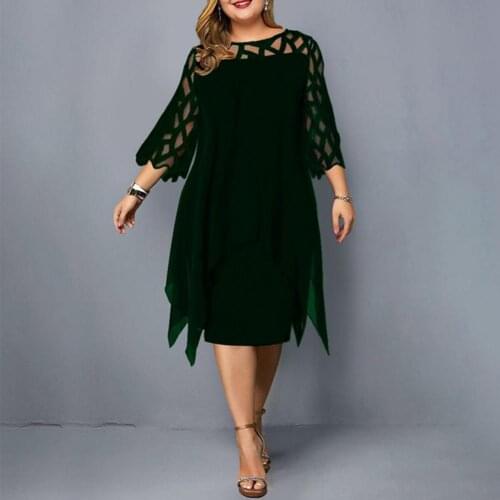 Plus Size Women Elegant Black Round Neck Dress Mesh Stitching Tight Waist 3/4 Flare Sleeve Irregular Hem New Summer Dress 5XL