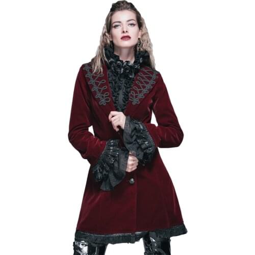 Womens Red Wool Coat Steampunk Winter Single Breasted Clothing With Lace Side 2017 Turn Down Collar Long Jackets Coats