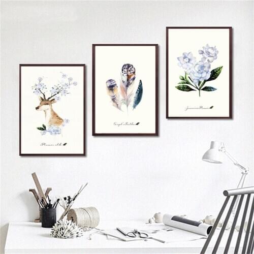 Animal Silhouette Elk Plants Flower Feathers And Black Letters Canvas Nordic Painting Wall Picture Poster Living Room Decoration