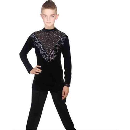 2018 Latest Latin Dance Tops for Children Black Fabric Shirt Ballroom Boy Male Latino Infantile Professional Chacha Clothe N7008