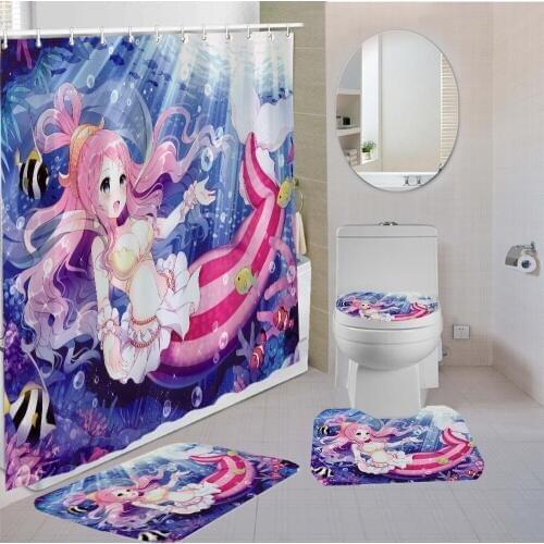 4 Pieces Curtains Mermaid Shower Toilet Mat Hot Anime Sexy Lady Kids Bath Sets 3D Printing Bathroom Comfortable Shower Curtain