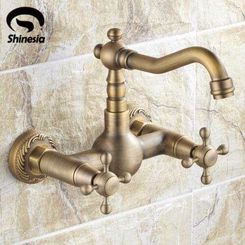 Antique Brass Wall Mounted Bathroom Sink Faucet Swivel Spout Bathtub Mixer Dual Handles