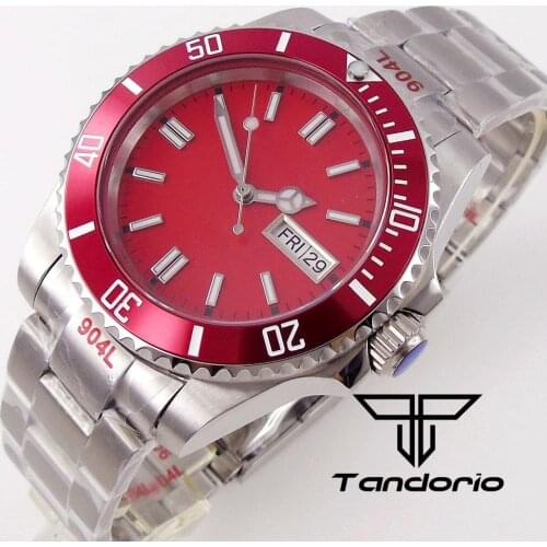 40mm Japan NH36A Sapphire Crystal Date Week Unidirectional Bezel Luminous Stainless Steel Strap SUB Watch Red Dial